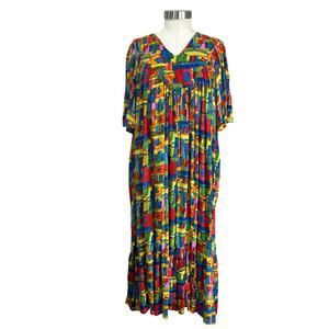 70s Saybury India Cotton Kaftan Tent Dress Gypsy Boho Mumu Pockets Sz M